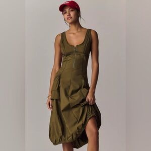 Anthropologie Daily Practice Fast Bubble Hem Olive Green Midi Dress